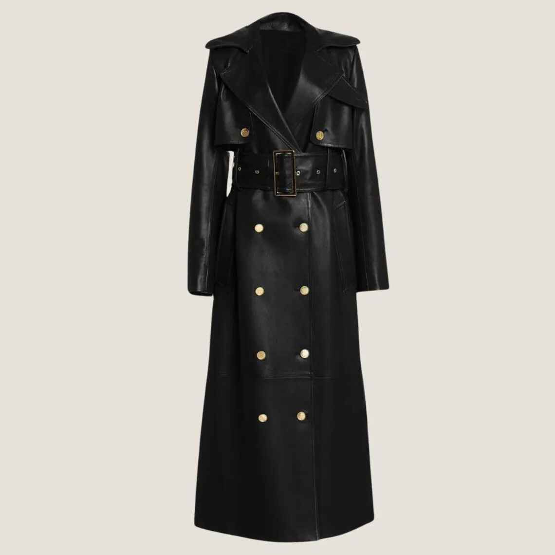 Women's Black Leather Full-Length Double-Breasted Trench with Gold Buttons